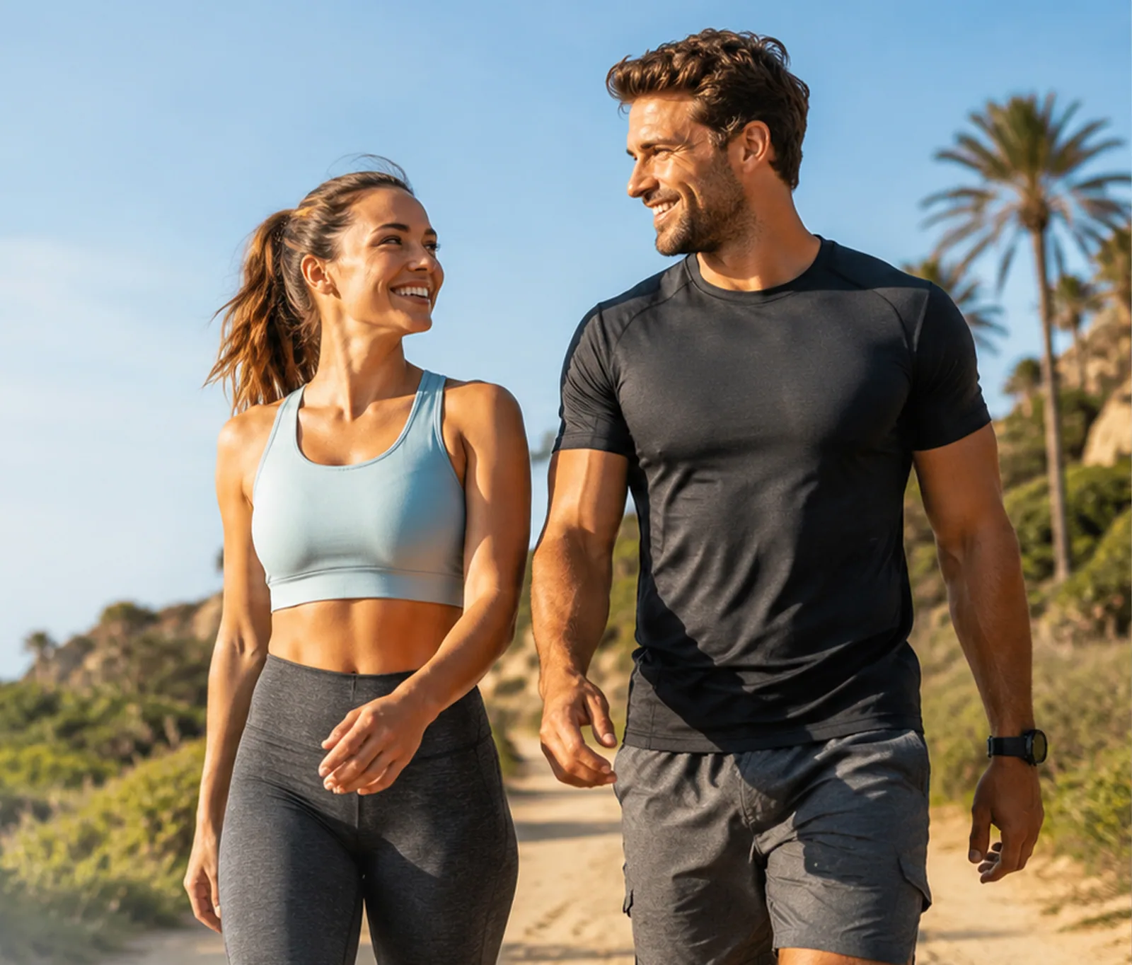 A woman and a man in sportswear walking a sandy coastal path on a sunny day