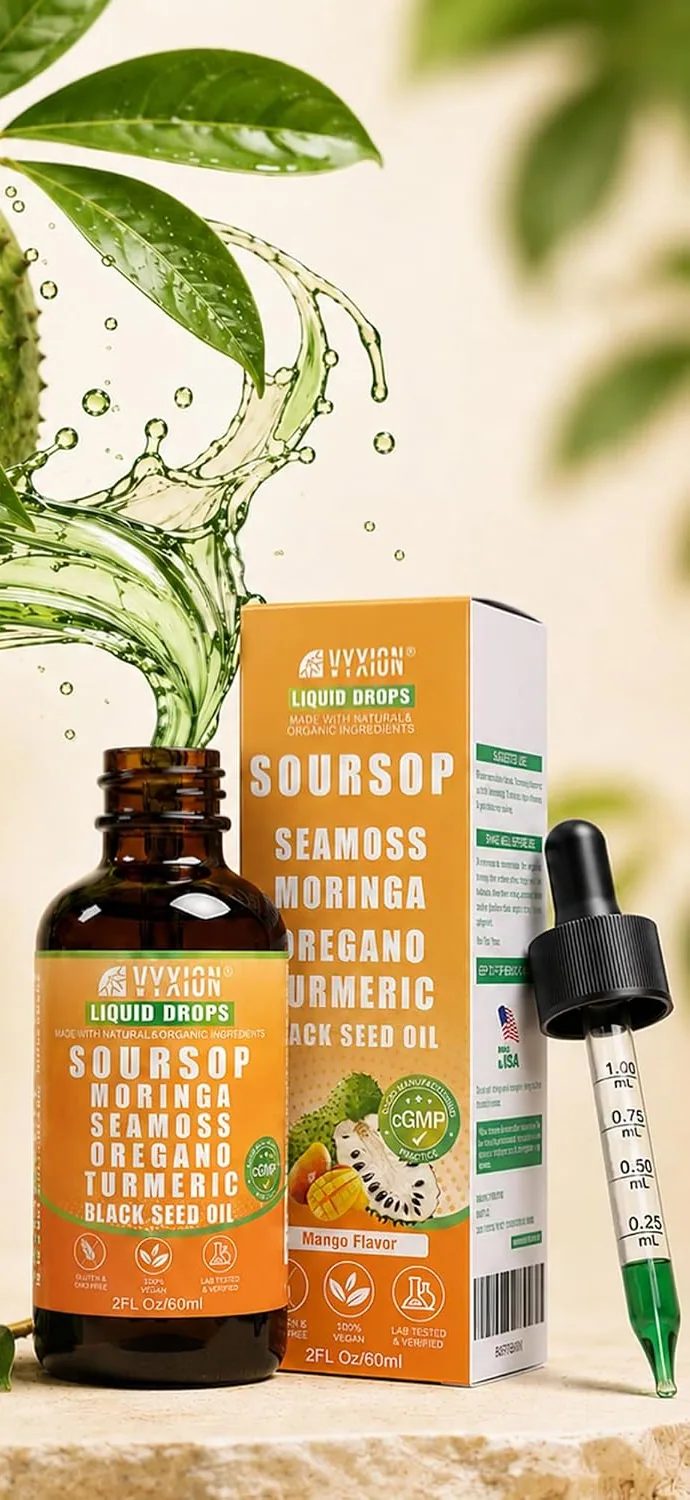 A bottle of Vyxion Mango soursop drops with its box and dropper under a soursop fruit and leaves