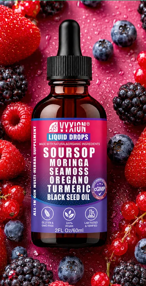 A bottle of Vyxion Mixed Berry soursop drops among strawberries, blackberries and blueberries