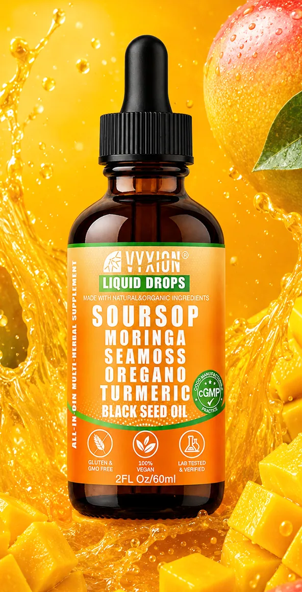 A bottle of Vyxion Mango soursop drops in a splash of mango juice with mango cubes