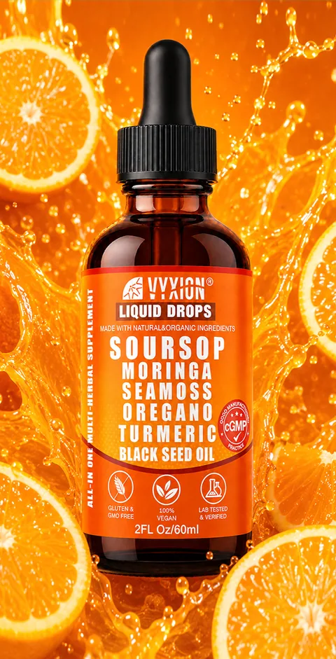 A bottle of Vyxion Orange soursop drops among orange slices