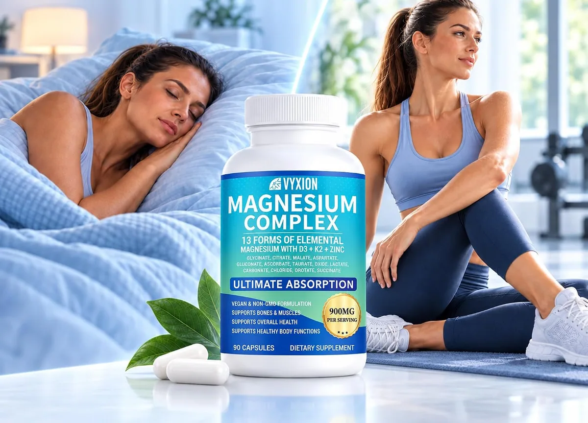 A bottle of Vyxion Magnesium Complex between a woman asleep in bed and a woman stretching on a mat