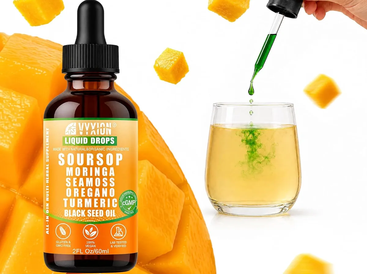 A bottle of Vyxion Mango soursop drops beside a glass of water with a dropper of green liquid above it
