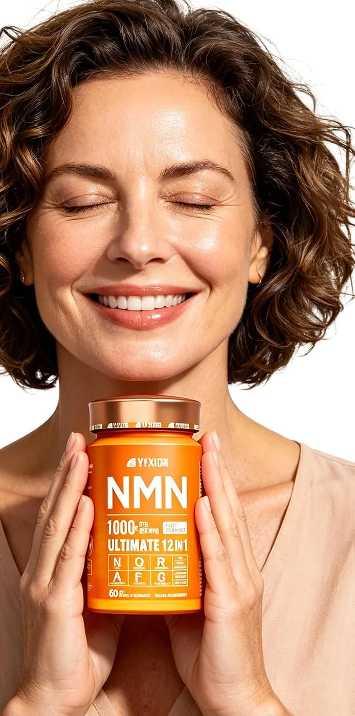 A woman with closed eyes holding a bottle of Vyxion NMN capsules in both hands