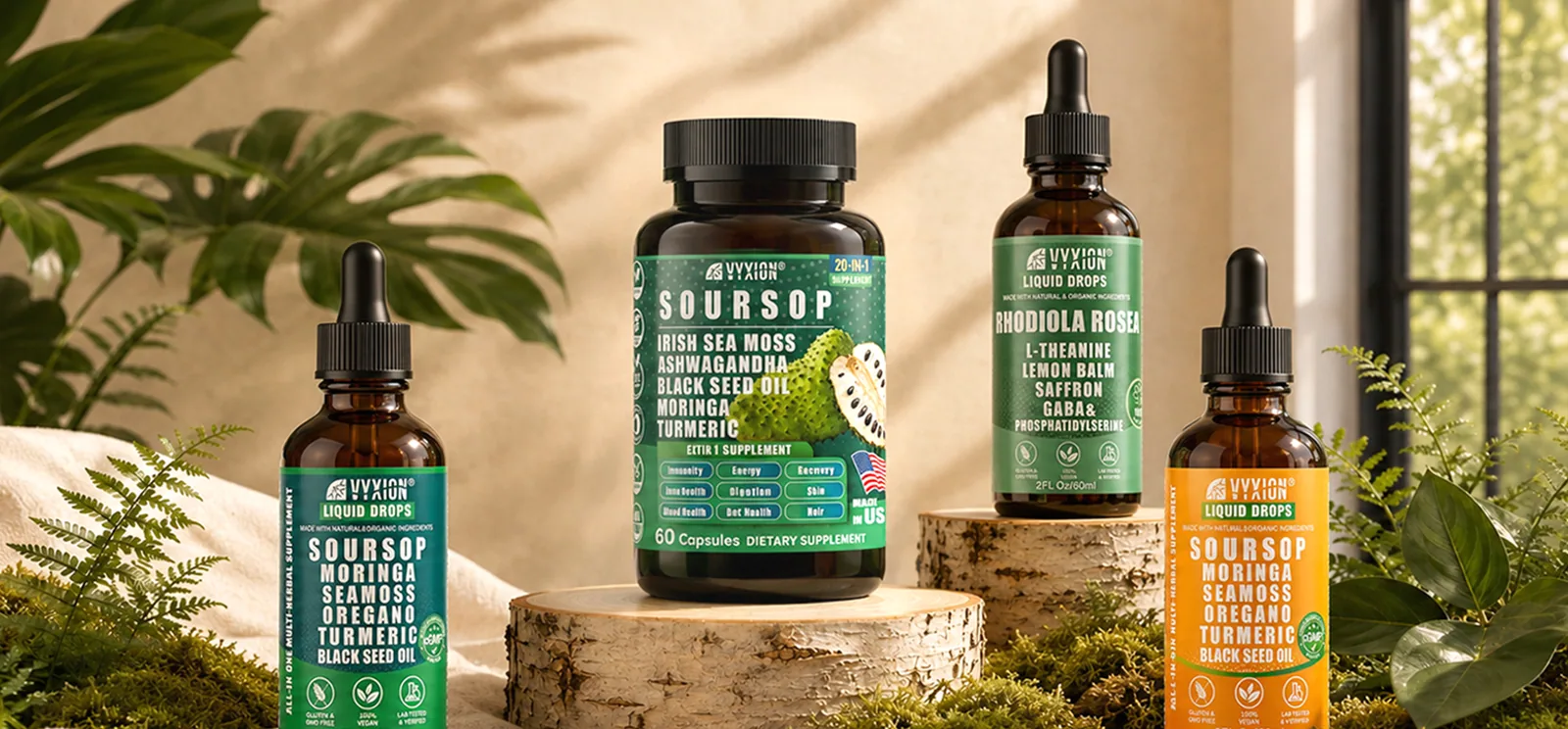 Vyxion soursop drops, soursop capsules and rhodiola drops on birch slices among ferns and moss