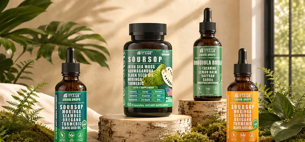 Vyxion soursop drops, soursop capsules and rhodiola drops on birch slices among ferns and moss
