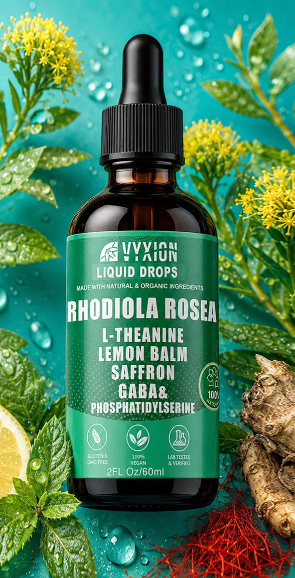 A bottle of Vyxion Rhodiola Rosea drops among rhodiola flowers, lemon balm leaves and saffron threads