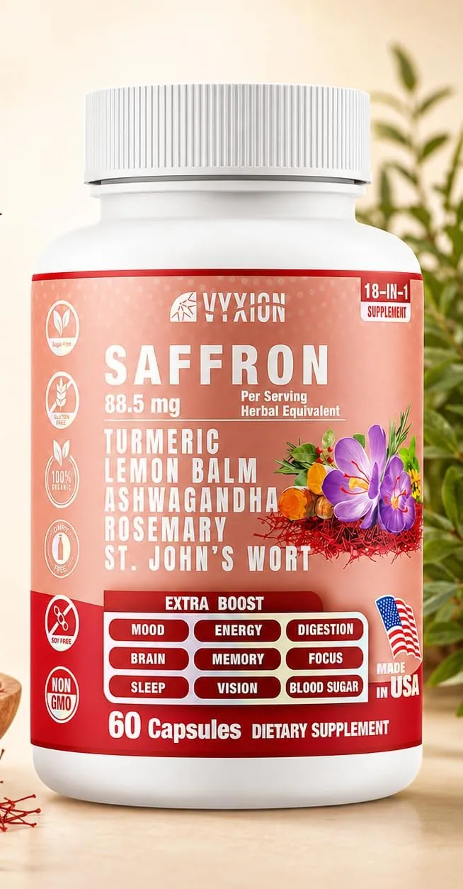 A bottle of Vyxion Saffron capsules beside saffron crocus flowers and a bowl of saffron threads